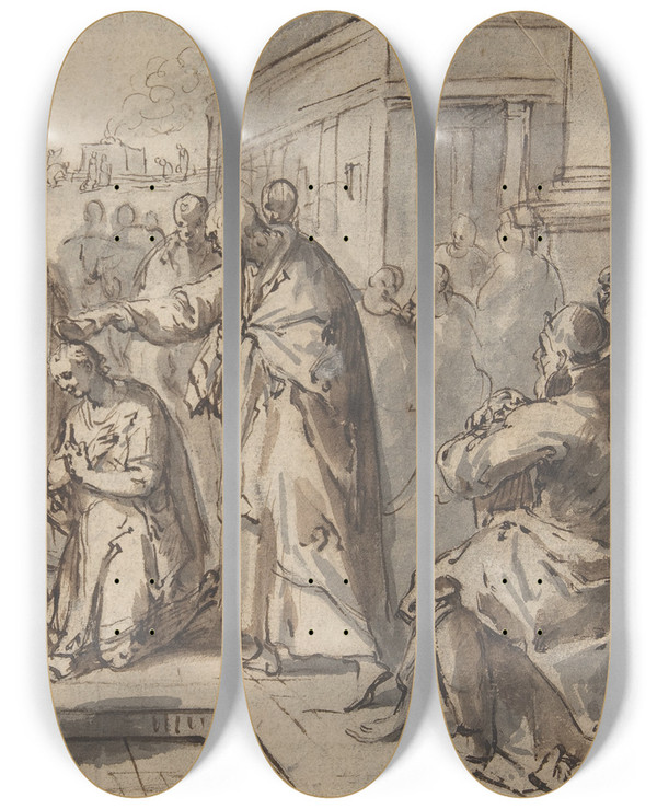Triptych art skateboard deck of Karel Van Mander Samuel Annointing David by Karel Van Mander (1548-1606)