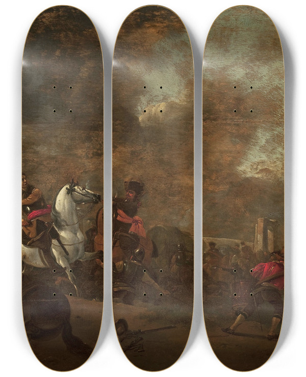 Triptych art skateboard deck of Jan Wyck A Battle Scene by Jan Wyck (1645-1702)