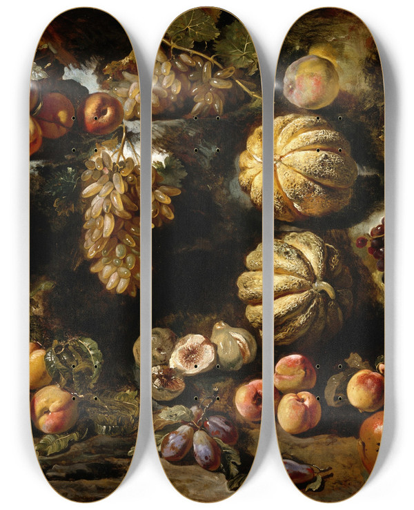 Triptych art skateboard deck of Michele Pace Del Campidoglio Still Life With Melons Peaches Figs And Grapes by Michele Pace Del Campidoglio (1625-1669)