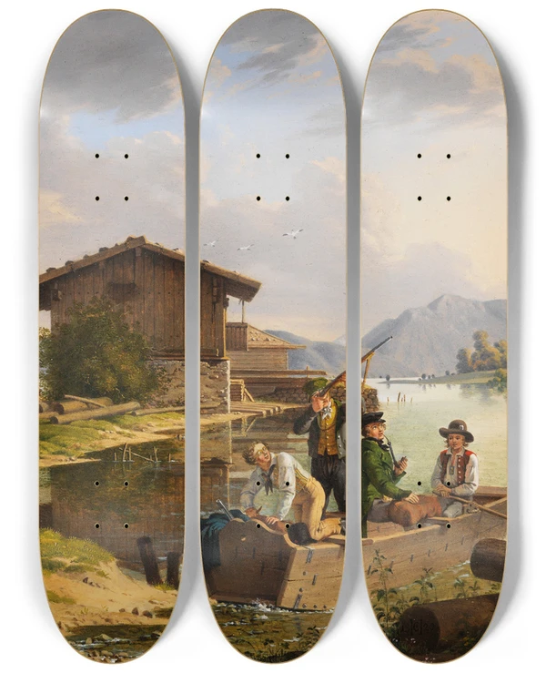 Triptych art skateboard deck of Carl Friedrich Heinzmann Blick Auf Den Walchensee by Carl Friedrich Heinzmann (1795-1846)