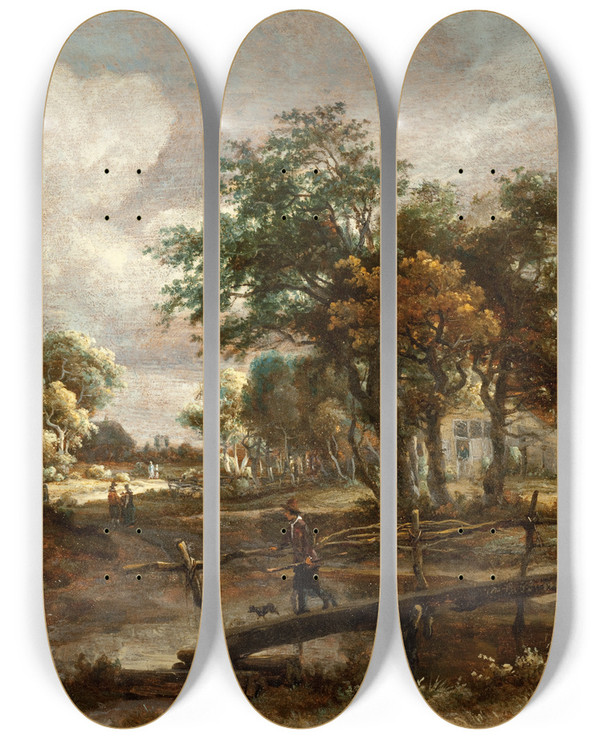 Triptych art skateboard deck of Meindert Hobbema Landscape With A Footbridge by Meindert Hobbema (1638-1709)