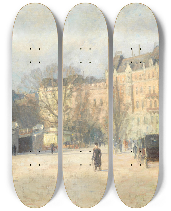 Triptych art skateboard deck of Herman Lindqvist Spring Stroll Nybroplan by Herman Lindqvist (1868-1923)