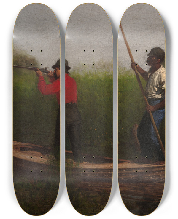 Triptych art skateboard deck of Thomas Eakins Rail Shooting On Thedelaware by Thomas Eakins (1844-1916)
