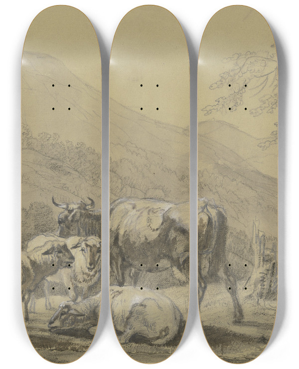 Triptych art skateboard deck of Max Joseph Wagenbauer Hirte Mit Einer Kuh Und Drei Schafen In Einer Gebirgslandschaft by Max Joseph Wagenbauer (1774-1829)