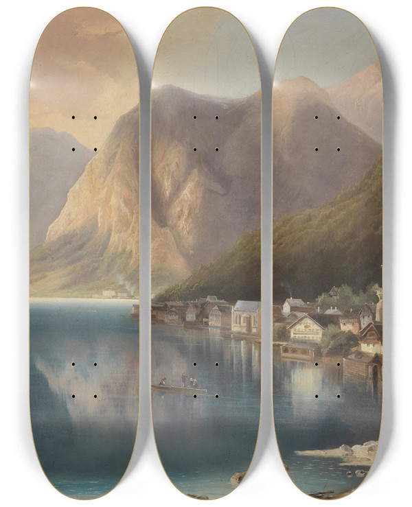 Triptych art skateboard deck of Gustav Barbarini Blick Auf Hallstatt_1 by Gustav Barbarini (1840-1909)