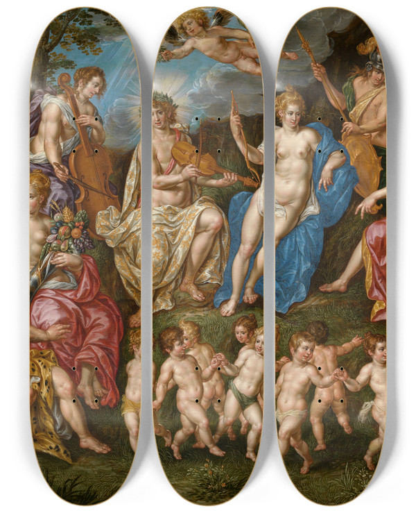Triptych art skateboard deck of Hendrik De Clerck Parnassus by Hendrik de Clerck (1570-1630)