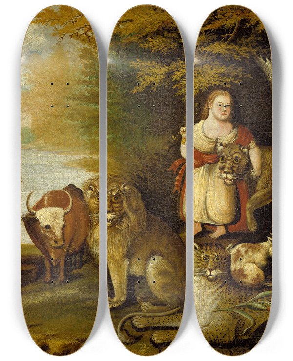 Triptych art skateboard deck of Edward Hicks Peaceable Kingdom by Edward Hicks (1780-1849)