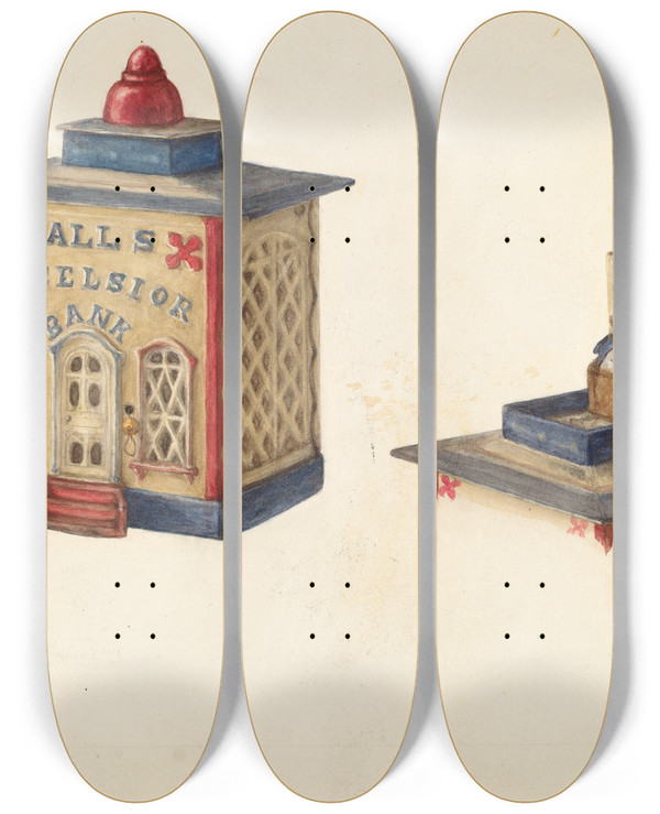 Triptych art skateboard deck of Stella Mosher Iron Bank by Stella Mosher