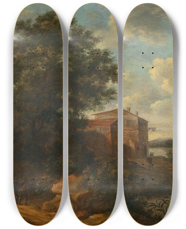 Triptych art skateboard deck of Pieter Cosijn The Hague A River Landscape by Pieter Cosijn (1630-1667)