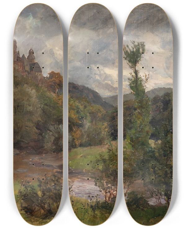 Triptych art skateboard deck of Carl Jutz The Younger Castle Brresheim At Eifel by Carl Jutz The Younger (1873-1915)