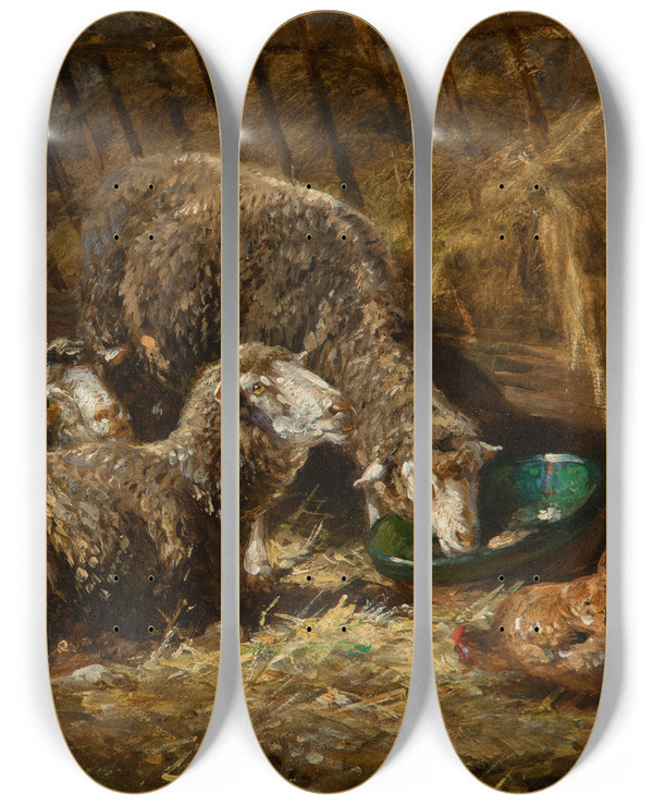 Triptych art skateboard deck of Charles Emile Jacque Sheep And Chickens In A Stable by Charles Emile Jacque (1813-1894)