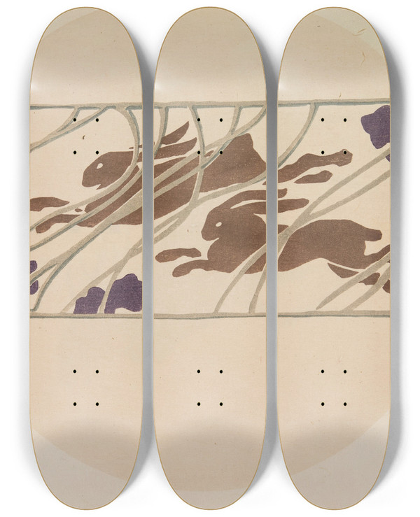 Triptych art skateboard deck of Asai Ch Mokugo Zuansh Pl11 by Asai Ch (1856-1907)