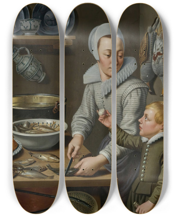 Triptych art skateboard deck of Floris Van Schooten Kitchen Scene by Floris Van Schooten (1590-1655)
