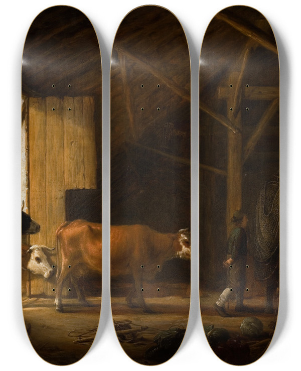 Triptych art skateboard deck of Aelbert Cuyp Interior Of A Cowshed by Aelbert Cuyp (1620-1691)