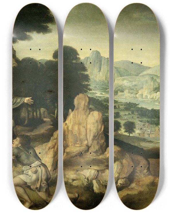Triptych art skateboard deck of Cornelis Massijs Parable Of The Prodigal Son by Cornelis Massijs (1510-1115)