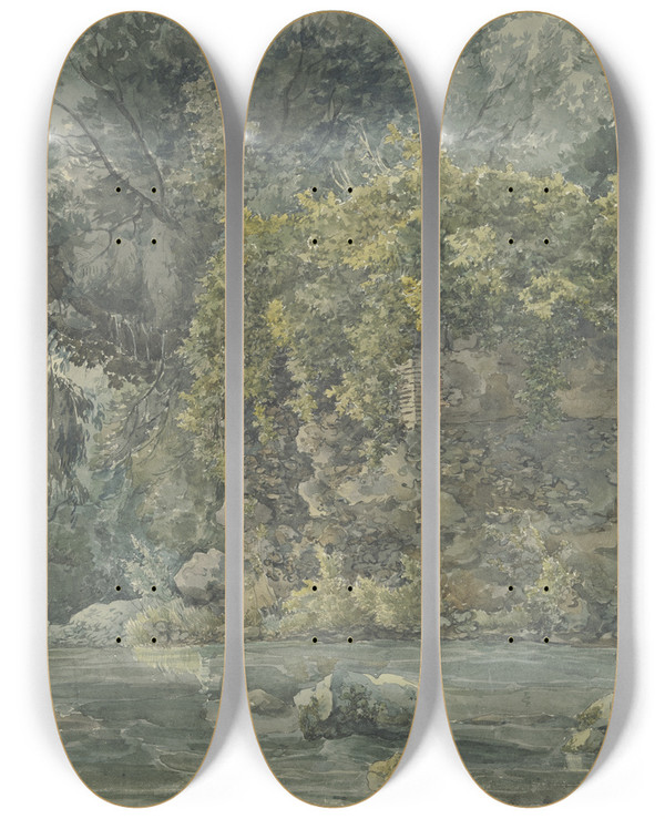 Triptych art skateboard deck of Jakob Philipp Hackert Baumlandschaft Mit Verfallenem Gemuer An Einem Bach by Jakob Philipp Hackert (1737-1807)
