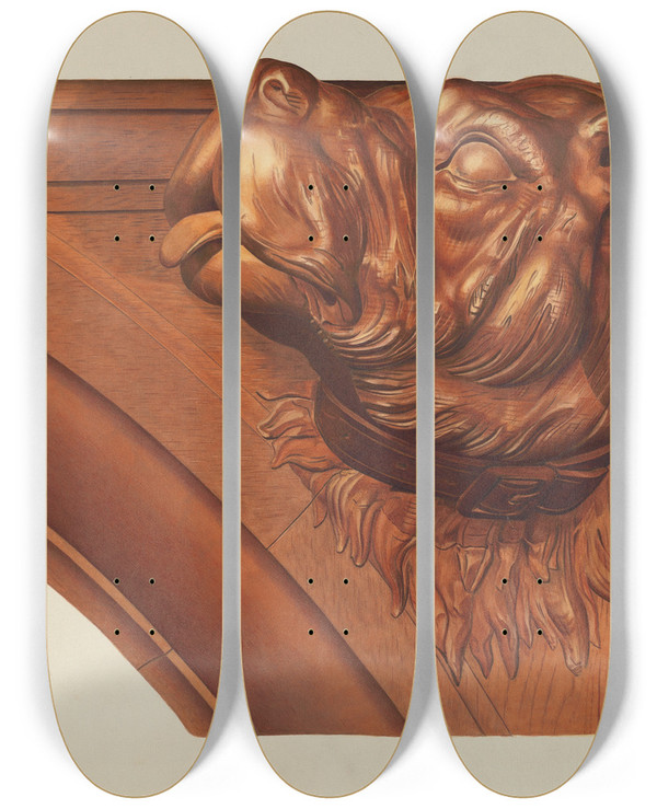 Triptych art skateboard deck of Henry Murphy Mantle Carving Dogs Head by Henry Murphy