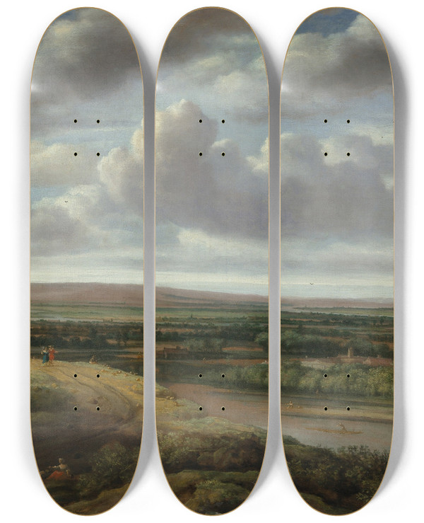 Triptych art skateboard deck of Philips Koninck An Extensive Wooded Landscape by Philips Koninck (1619-1688)