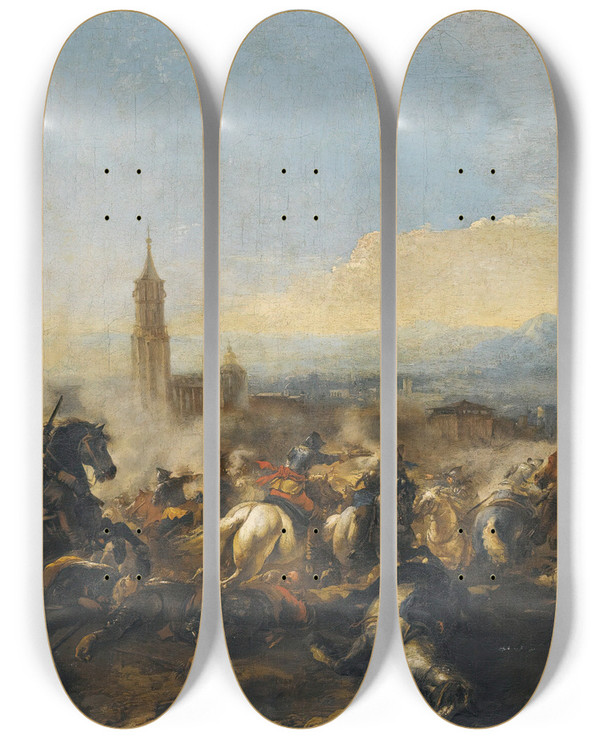 Triptych art skateboard deck of Jacques Courtois A Cavalry Engagement A Cathedral Beyond by Jacques Courtois (1621-1675)