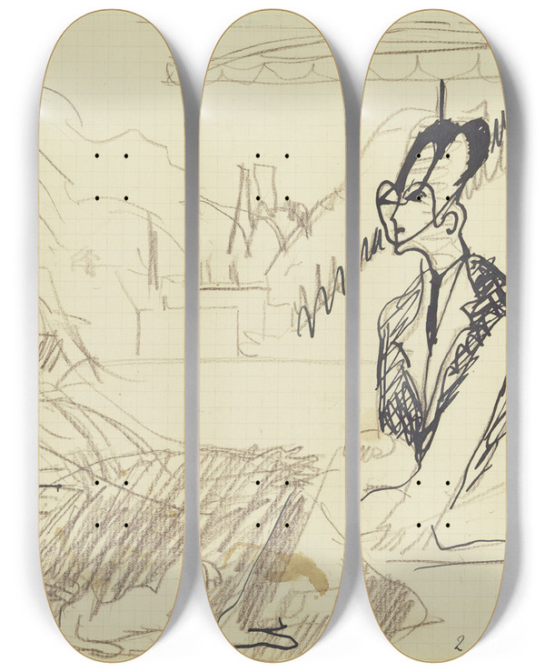 Triptych art skateboard deck of Ernst Ludwig Kirchner People On The Deck Chair_2 by Ernst Ludwig Kirchner (1880-1938)