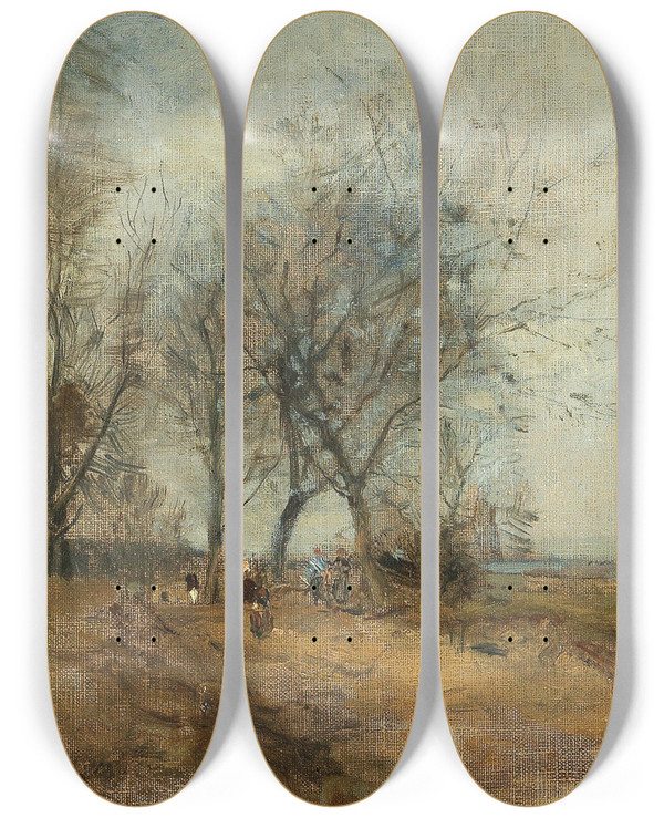 Triptych art skateboard deck of Emil Jakob Schindler Danube Meadows_1 by Emil Jakob Schindler (1842-1892)