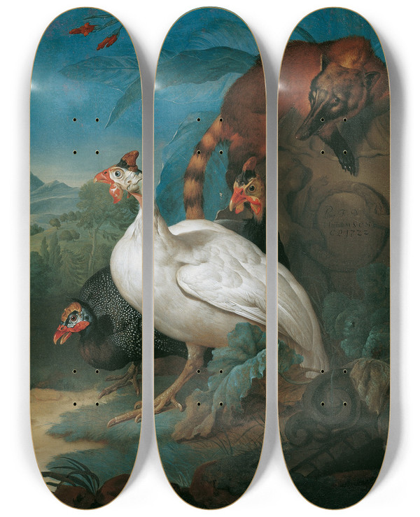 Triptych art skateboard deck of Philipp Ferdinand De Hamilton Perlhhner Und Nasenbr by Philipp Ferdinand De Hamilton (1664-1750)