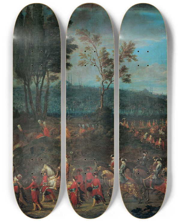 Triptych art skateboard deck of Jean Baptiste Vanmour The Ambassadorial Procession by Jean Baptiste Vanmour (1671-1737)