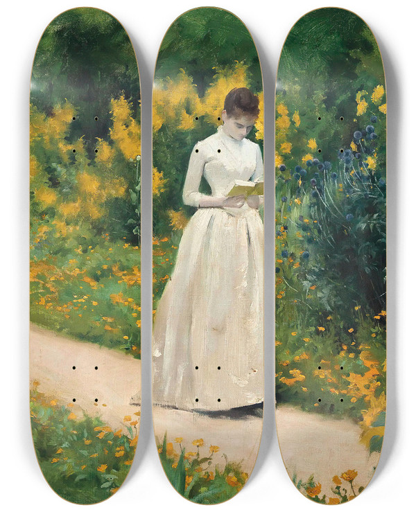 Triptych art skateboard deck of Albert Aublet Reading On The Garden Path by Albert Aublet (1851-1938)
