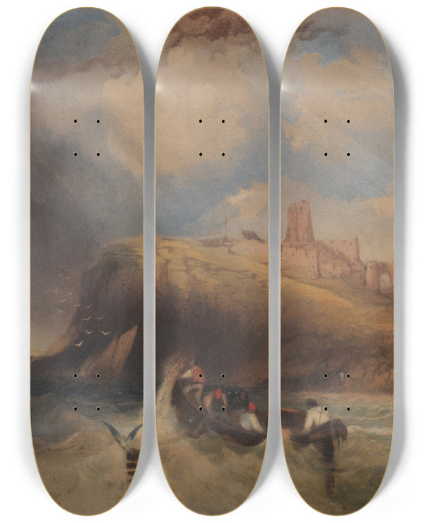 Triptych art skateboard deck of Charles Bentley Seascape by Charles Bentley (1808-1854)