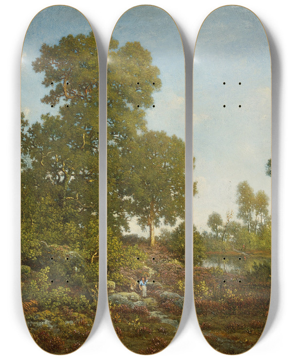 Triptych art skateboard deck of Thodore Rousseau Springtime by Theodore Rousseau (1812-1867)