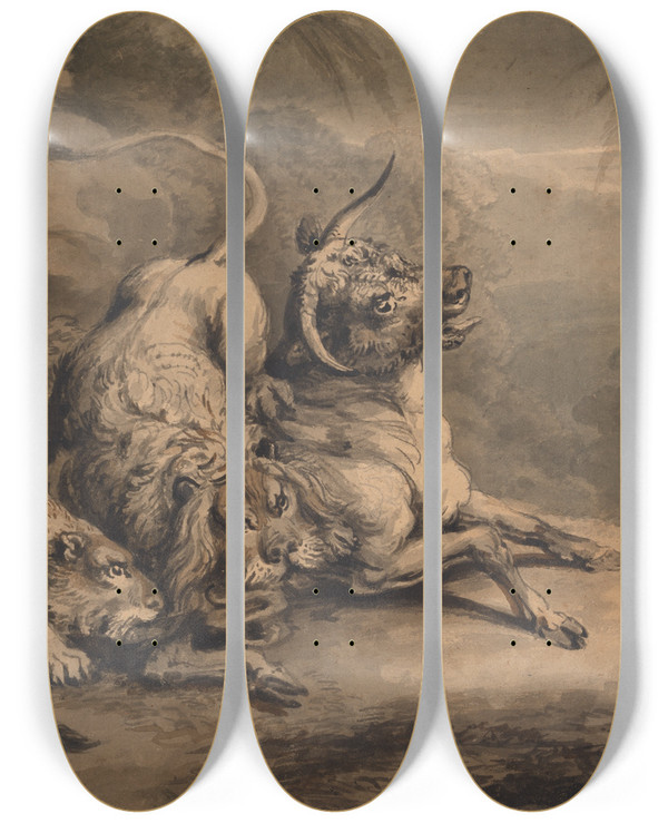 Triptych art skateboard deck of Samuel Howitt Lion And Lioness Attacking A Steer by Samuel Howitt (1756-1822)
