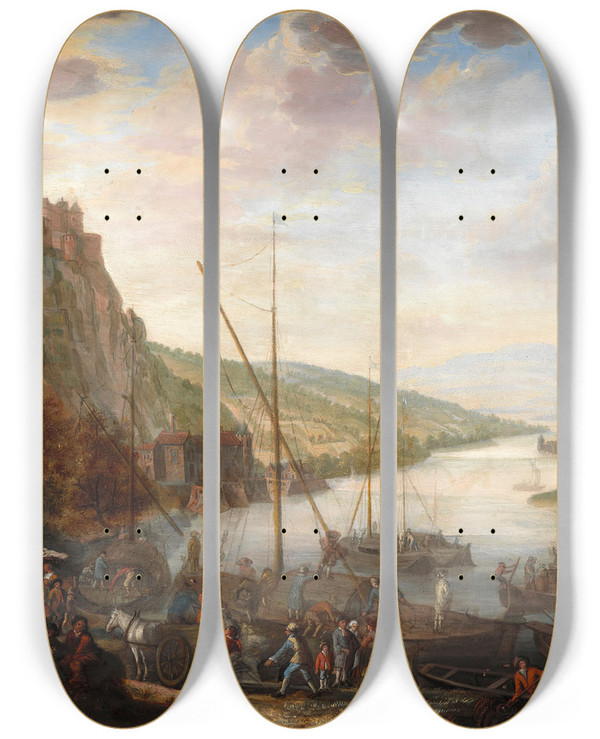 Triptych art skateboard deck of Barend Van Kalraet A River Landscape by Barend Van Kalraet (1649-1737)