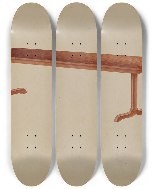 Triptych art skateboard deck of Lon Cronk Shaker Refectory Table by Lon Cronk