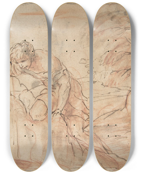 Triptych art skateboard deck of Pier Francesco Mola Framed Sketch For A Man A Dog And A Tree by Pier Francesco Mola (1612-1666)