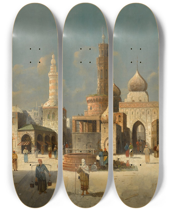 Triptych art skateboard deck of August Von Siegen An Eastern City by August Von Siegen (1850-1910)