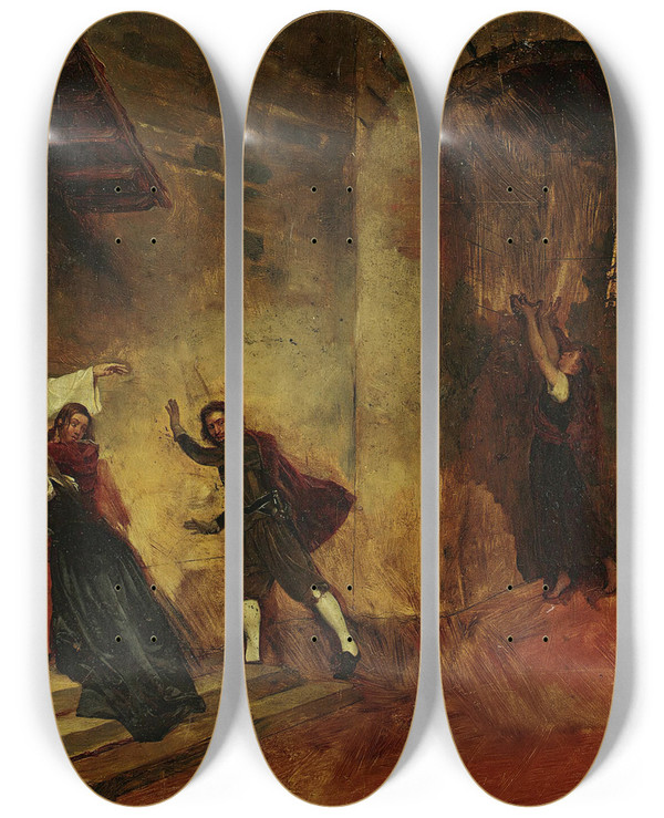Triptych art skateboard deck of Jeanpaul Laurens The Fire by Jean-Paul Laurens (1838-1921)