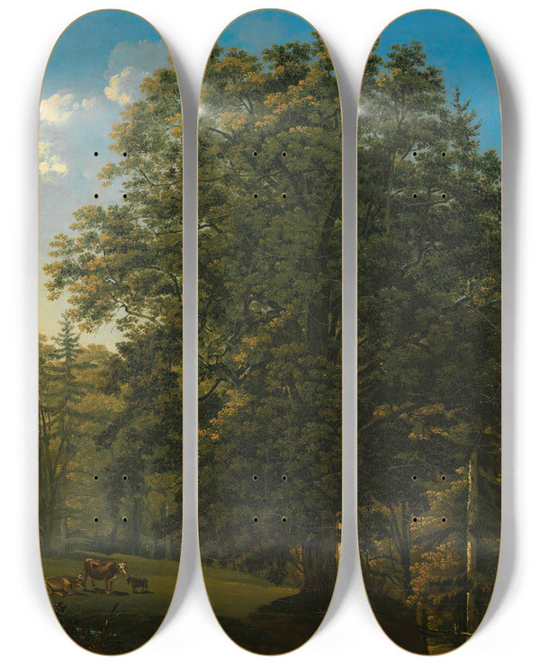 Triptych art skateboard deck of Jakob Alt Landschaft Mit Weidenden Khen by Jakob Alt (1789-1872)