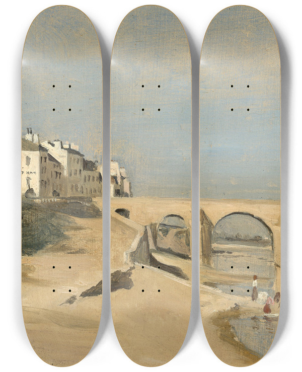 Triptych art skateboard deck of Jeanbaptistecamille Corot Bridge On The Sane River At Mcon by Jean-Baptiste-Camille Corot (1796-1875)