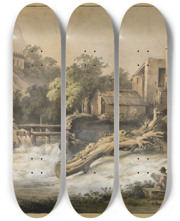 Triptych art skateboard deck of Jeanjacques De Boissieu Flulandschaft Bei Larbresle Im Lyonnais by Jean-Jacques de Boissieu (1736-1810)