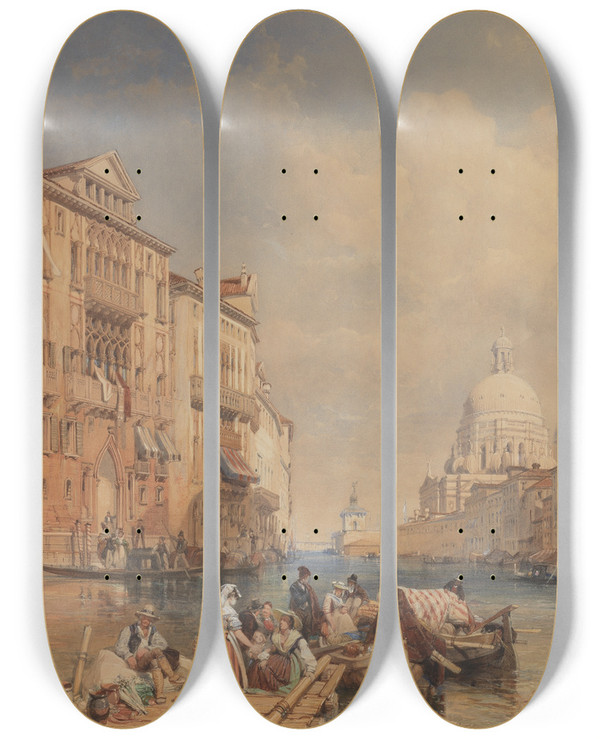 Triptych art skateboard deck of James Duffield Harding The Grand Canal Venice by James Duffield Harding (1798-1863)