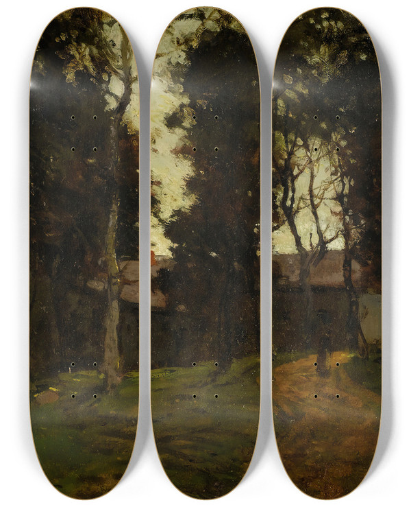 Triptych art skateboard deck of Paul Cornoyer The Old Inn by Paul Cornoyer (1864-1923)
