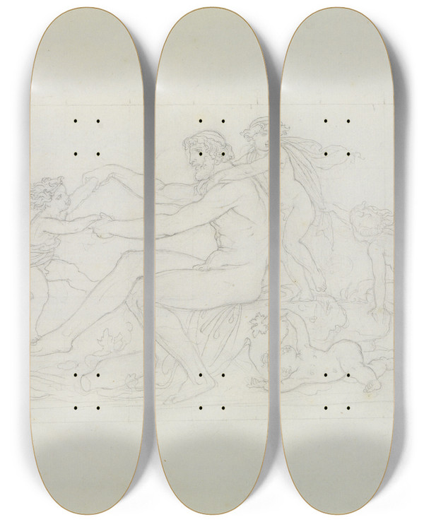 Triptych art skateboard deck of Moritz Von Schwind Herakles Mit Seinen Kindern Scherzend by Moritz Von Schwind (1804-1871)