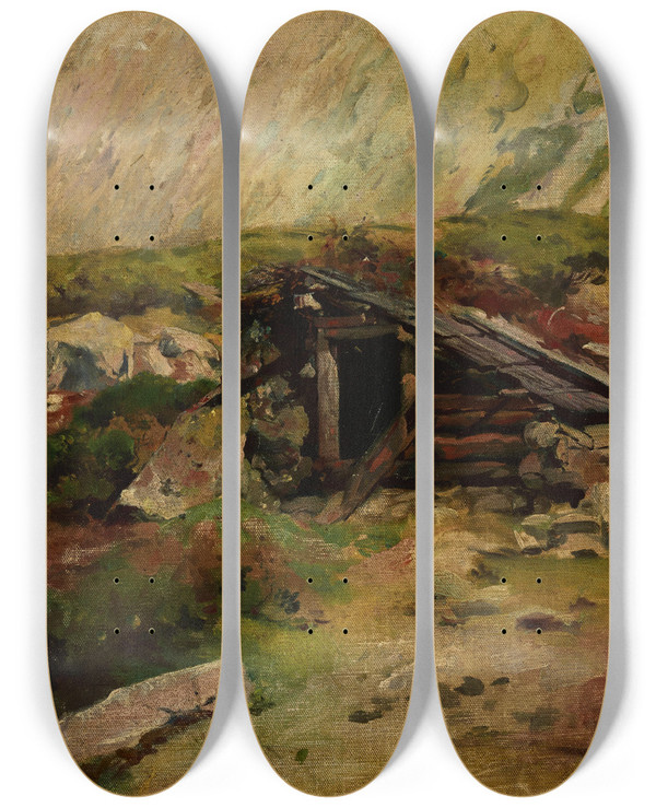 Triptych art skateboard deck of Aleksander Mroczkowski Hut In The Tatra Mountains by Aleksander Mroczkowski (1850-1927)