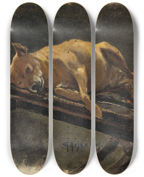 Triptych art skateboard deck of Karl Georg Arsenius Dog Lying Down by Karl Georg Arsenius (1855-1908)