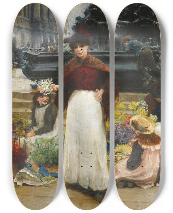 Triptych art skateboard deck of Benjamin Evans Ward Flower Girls Piccadilly Circus by Benjamin Evans Ward (1857-1933)