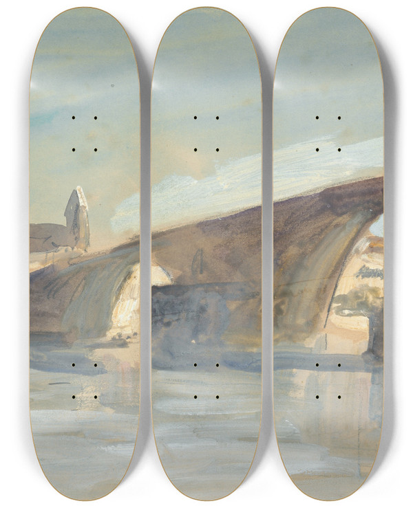Triptych art skateboard deck of Hercules Brabazon Brabazon A Bridge by Hercules Brabazon Brabazon (1821-1906)