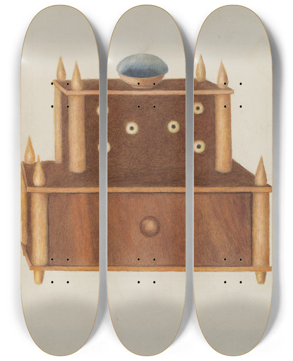 Triptych art skateboard deck of Margaret Stottlemeyer Bureau by Margaret Stottlemeyer
