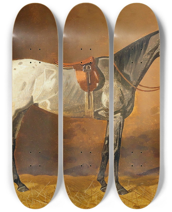 Triptych art skateboard deck of Emil Volkers Gesatteltes Reitpferd by Emil Volkers (1831-1905)