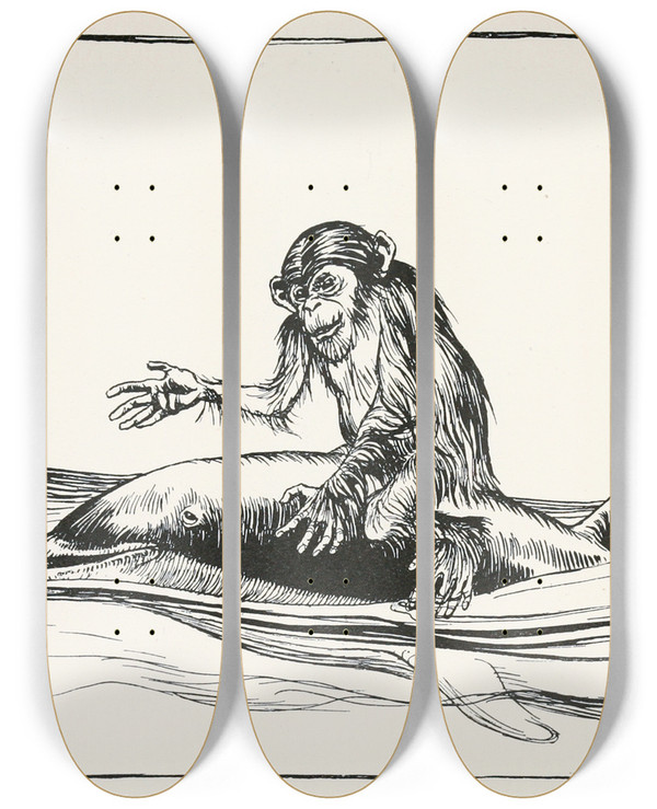 Triptych art skateboard deck of Arthur Rackham The Monkey And The Dolphin by Arthur Rackham (1867-1939)