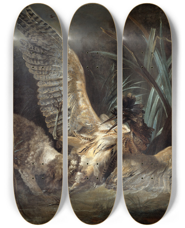 Triptych art skateboard deck of Jeanbaptiste Oudry Spaniel Seizing A Bittern by Jean-Baptiste Oudry (1686-1755)